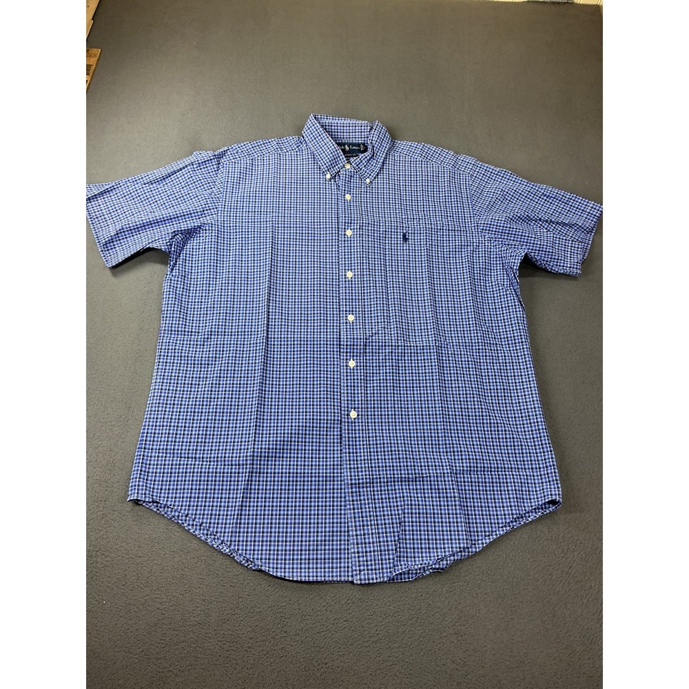 Ralph Lauren Shirt Mens L Blue Plaid Cotton Short Sleeve Button Up Classic Dad
